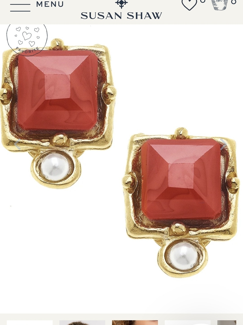 Susan Shaw London Studs Red French Glass & Pearl Earrings 24k Gold Plated